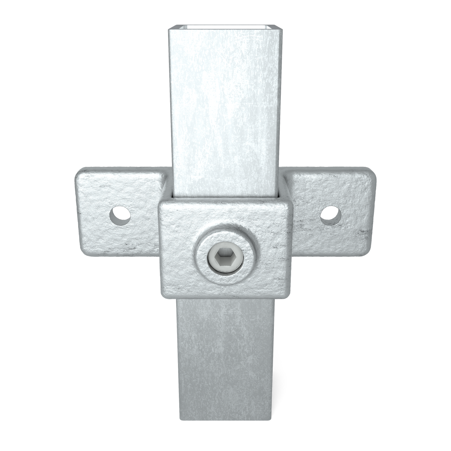 Rohrverbinder Ösenteil mit Doppellasche 40 mm quadratisch - Vorderansicht mit Rohren (Rohr-verbinder.de)