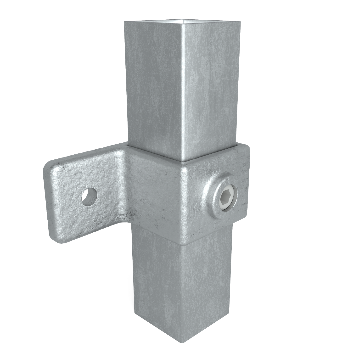 Rohrverbinder Ösenteil mit Doppellasche 40 mm quadratisch - Schrägansicht mit Rohren (Rohr-verbinder.de)
