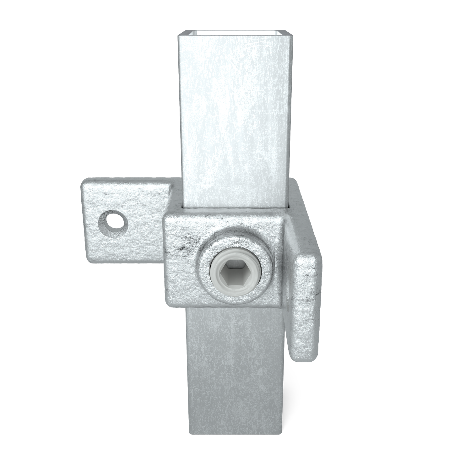 Rohrverbinder Ösenteil mit Doppellasche 90° 25 mm quadratisch - Schrägansicht mit Rohren (Rohr-verbinder.de)