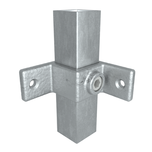 Rohrverbinder Ösenteil mit Doppellasche 90º 40 mm quadratisch - Vorderansicht mit Rohren (Rohr-verbinder.de)