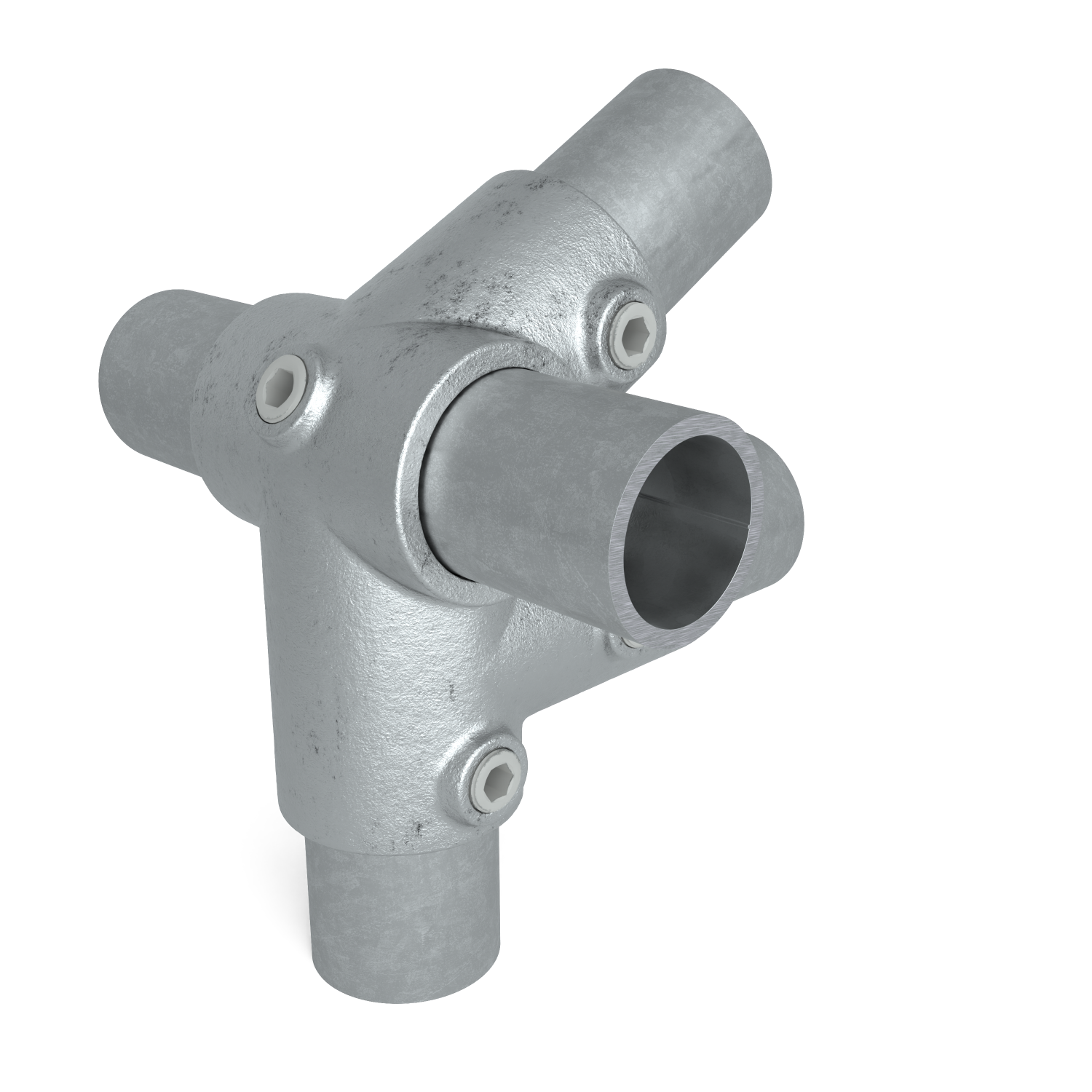 Rohrverbinder Traufenstück 42,4 mm - Schrägansicht mit Rohren (Rohr-verbinder.de)