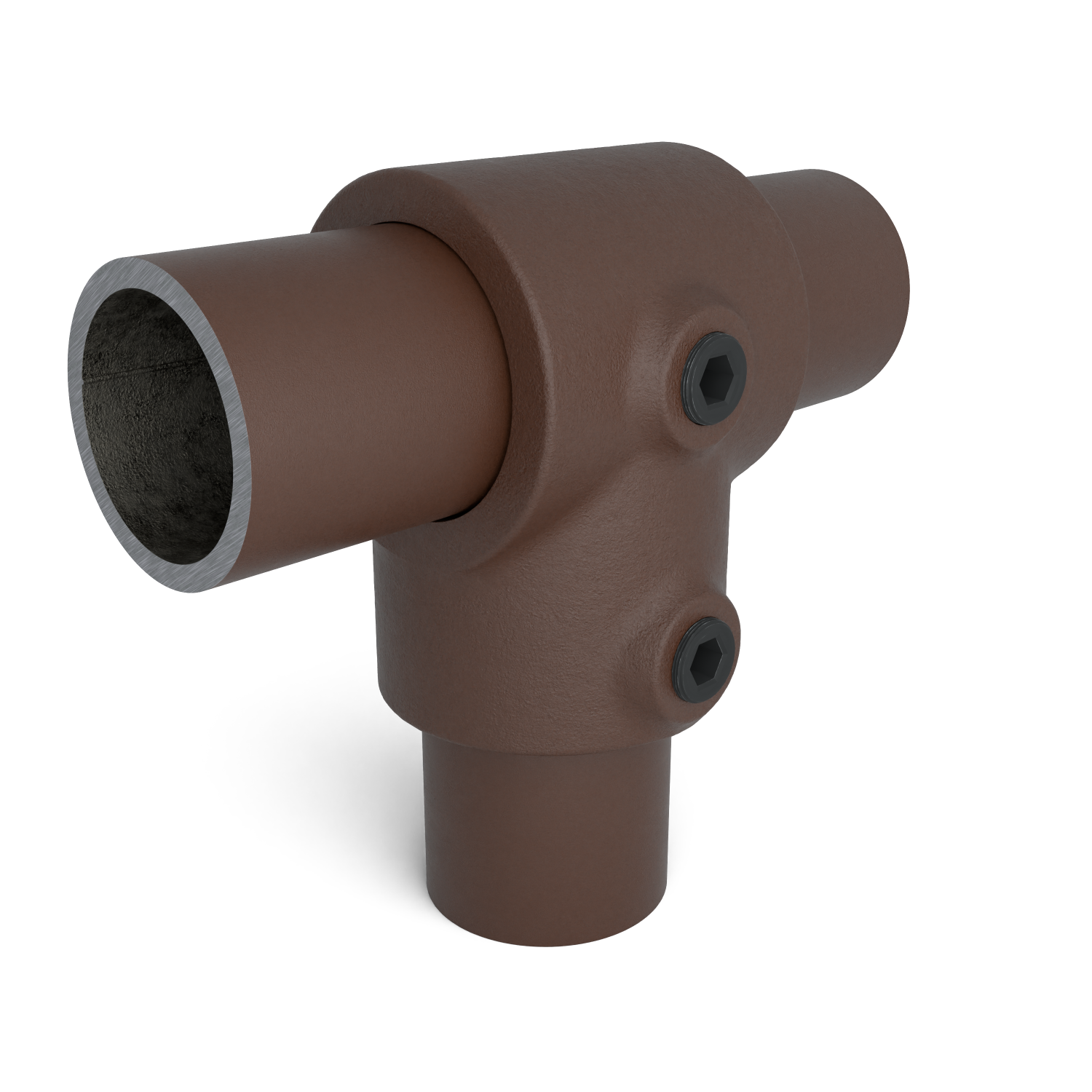 Rohrverbinder T-Stück kurz vintage 33,7 mm - Schrägansicht mit Rohren (Rohr-verbinder.de)