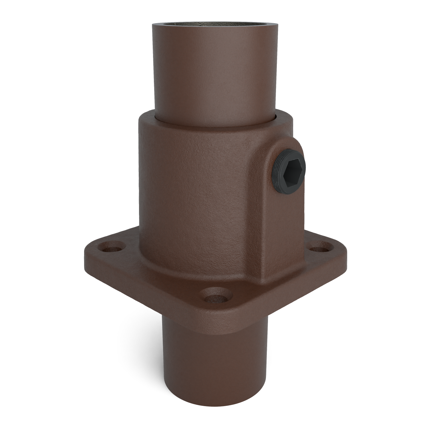 Rohrverbinder Fußplatte quadratisch vintage 33,7 mm - Schrägansicht mit Rohren (Rohr-verbinder.de)