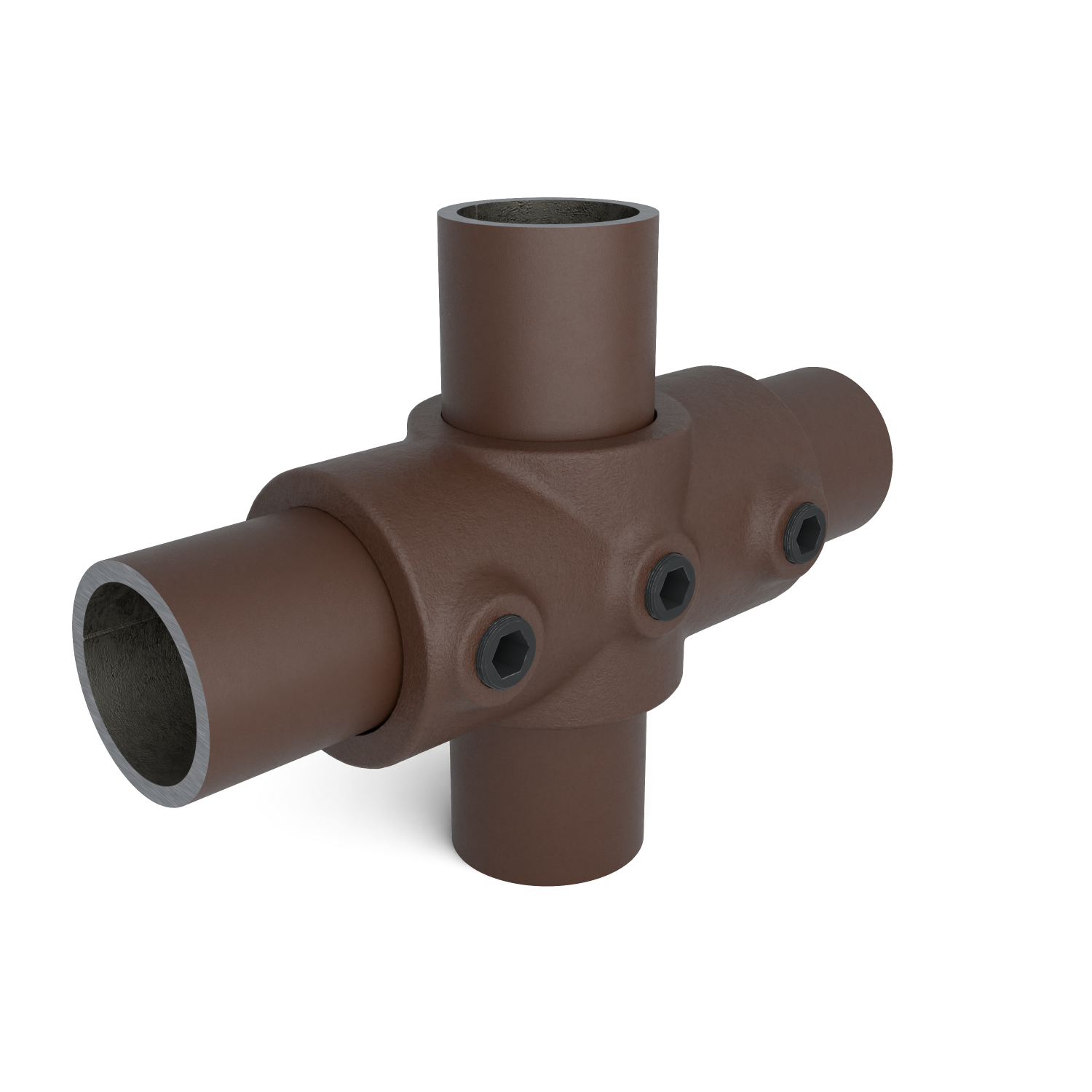 Rohrverbinder Kreuzstück in 1 Ebene vintage 33,7 mm - Schrägansicht mit Rohren (Rohr-verbinder.de)