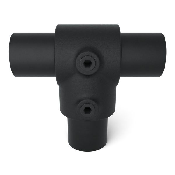 Rohrverbinder T-Stück kurz schwarz 48,3 mm - Vorderansicht mit Rohren (Rohr-verbinder.de)