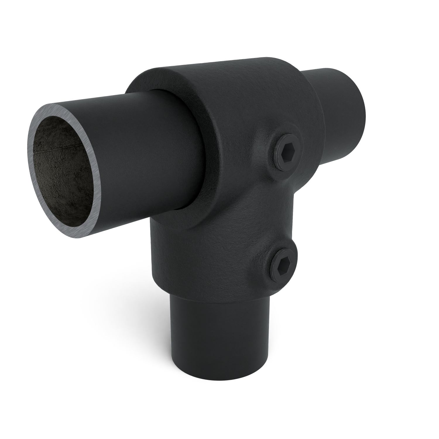 Rohrverbinder T-Stück kurz schwarz 33,7 mm - Schrägansicht mit Rohren (Rohr-verbinder.de)