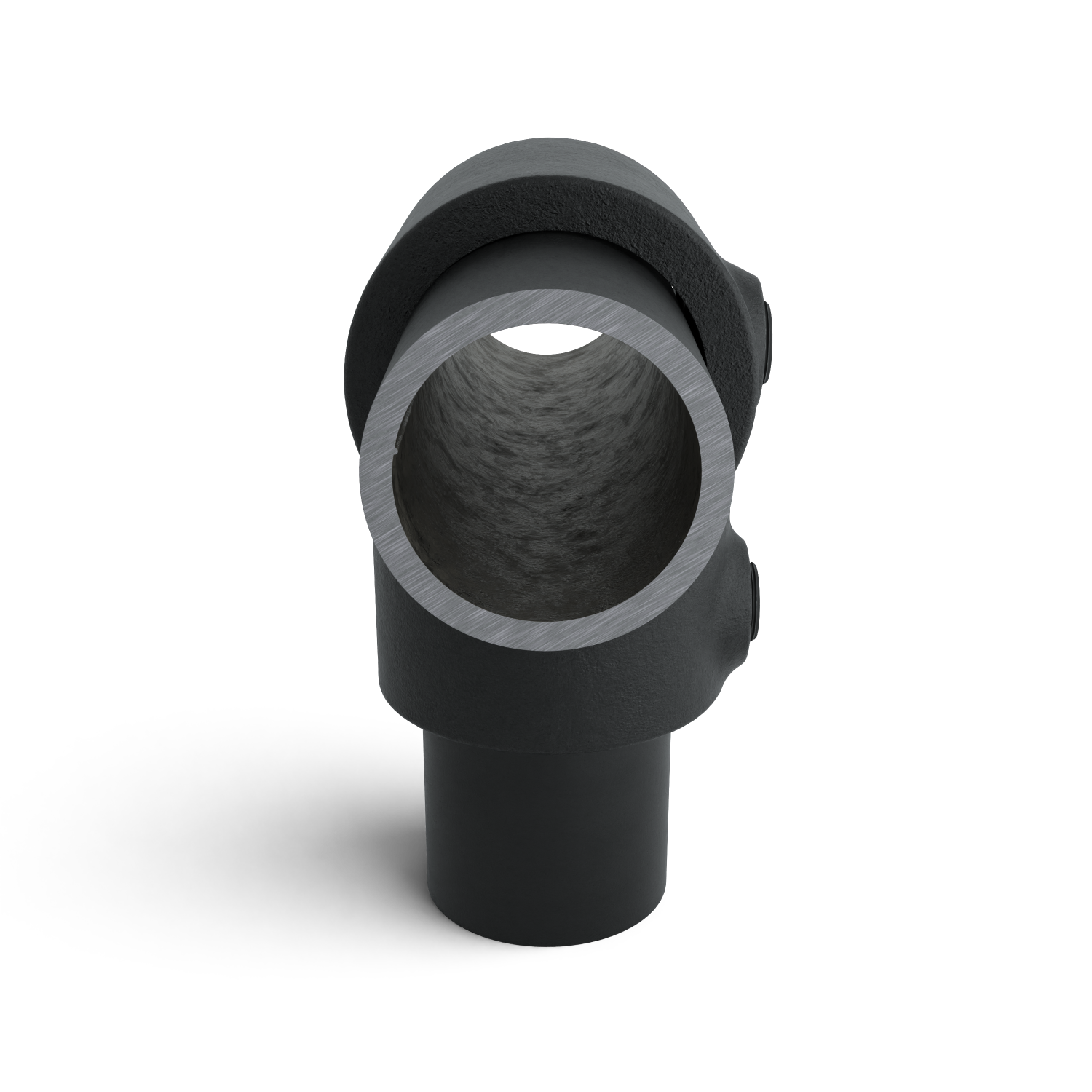Rohrverbinder T-Stück kurz schwarz 48,3 mm - Seitenansicht mit Rohren (Rohr-verbinder.de)