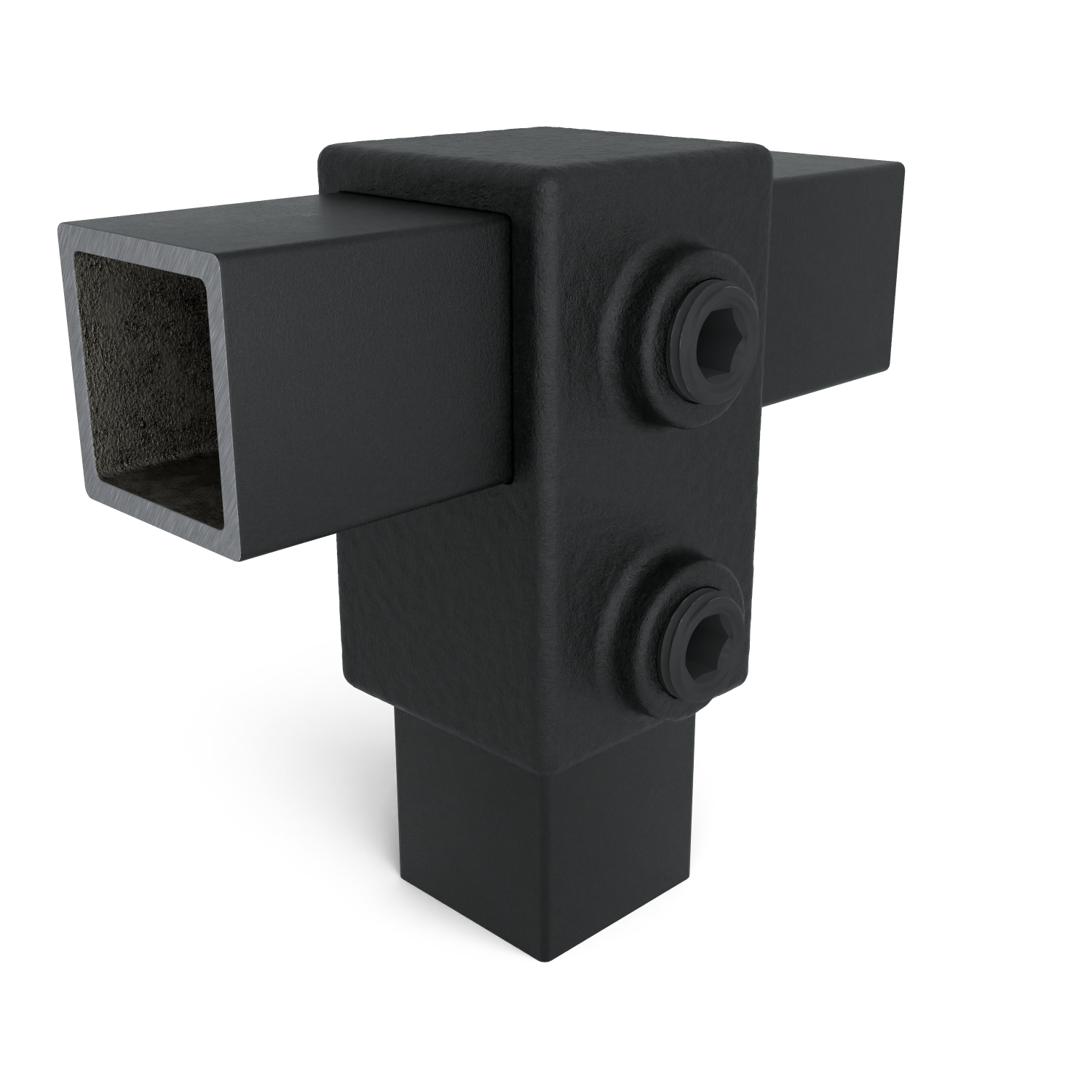 Rohrverbinder T-Stück kurz schwarz 25 mm quadratisch - Schrägansicht mit Rohren (Rohr-verbinder.de)