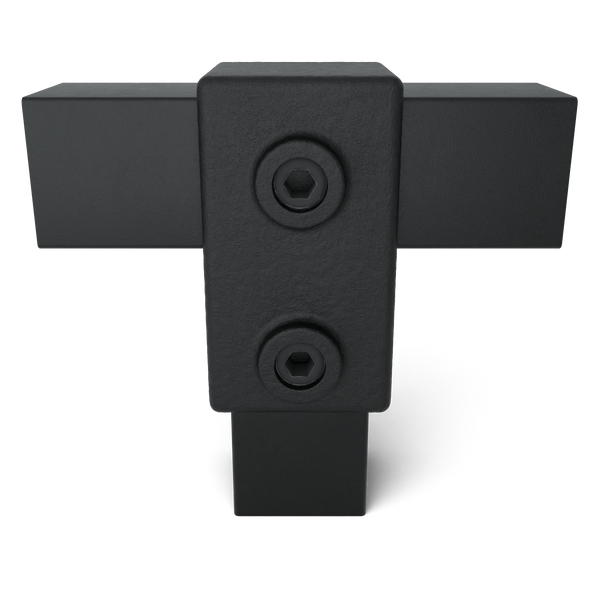 Rohrverbinder T-Stück kurz schwarz 40 mm quadratisch - Vorderansicht mit Rohren (Rohr-verbinder.de)