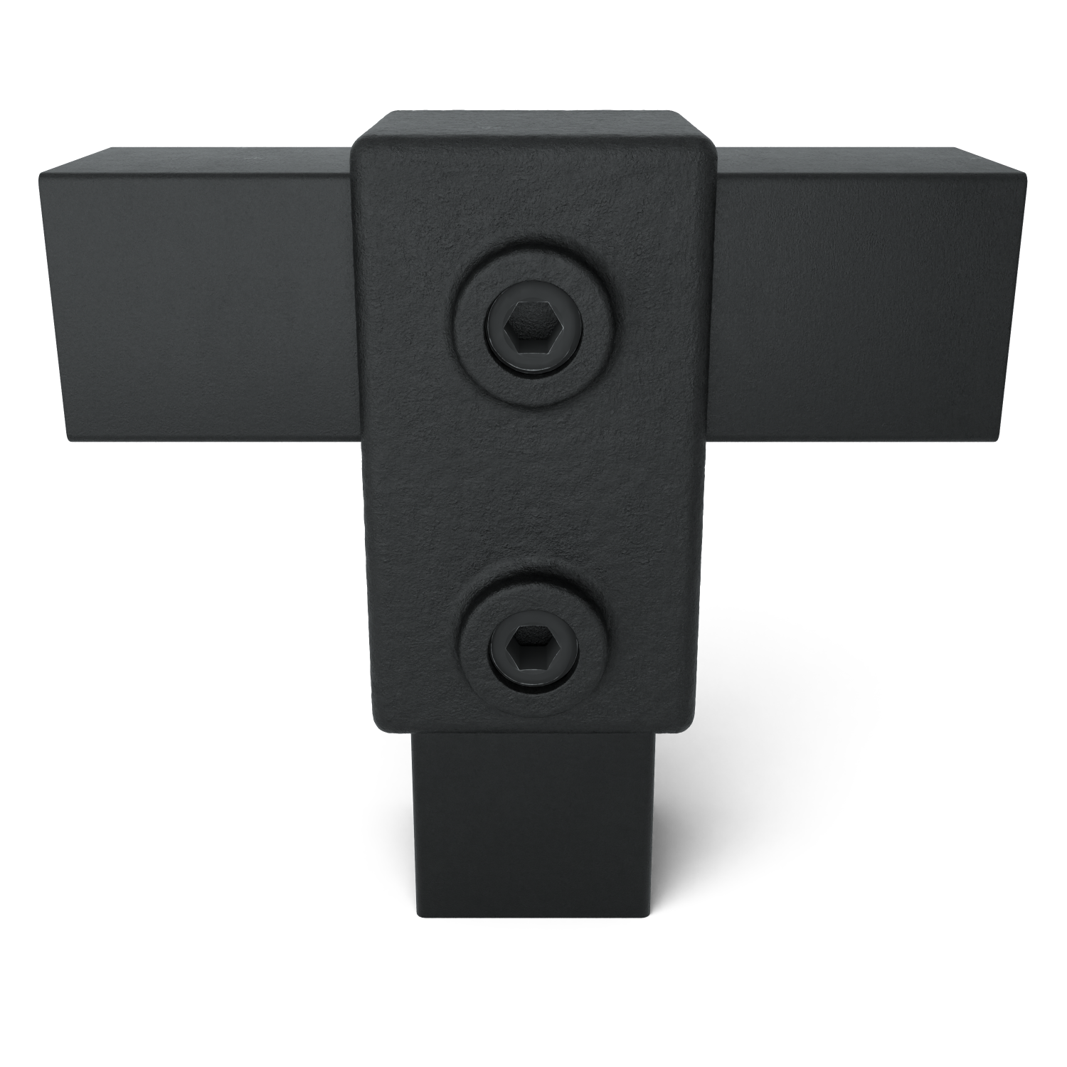 Rohrverbinder T-Stück kurz schwarz 40 mm quadratisch - Vorderansicht mit Rohren (Rohr-verbinder.de)