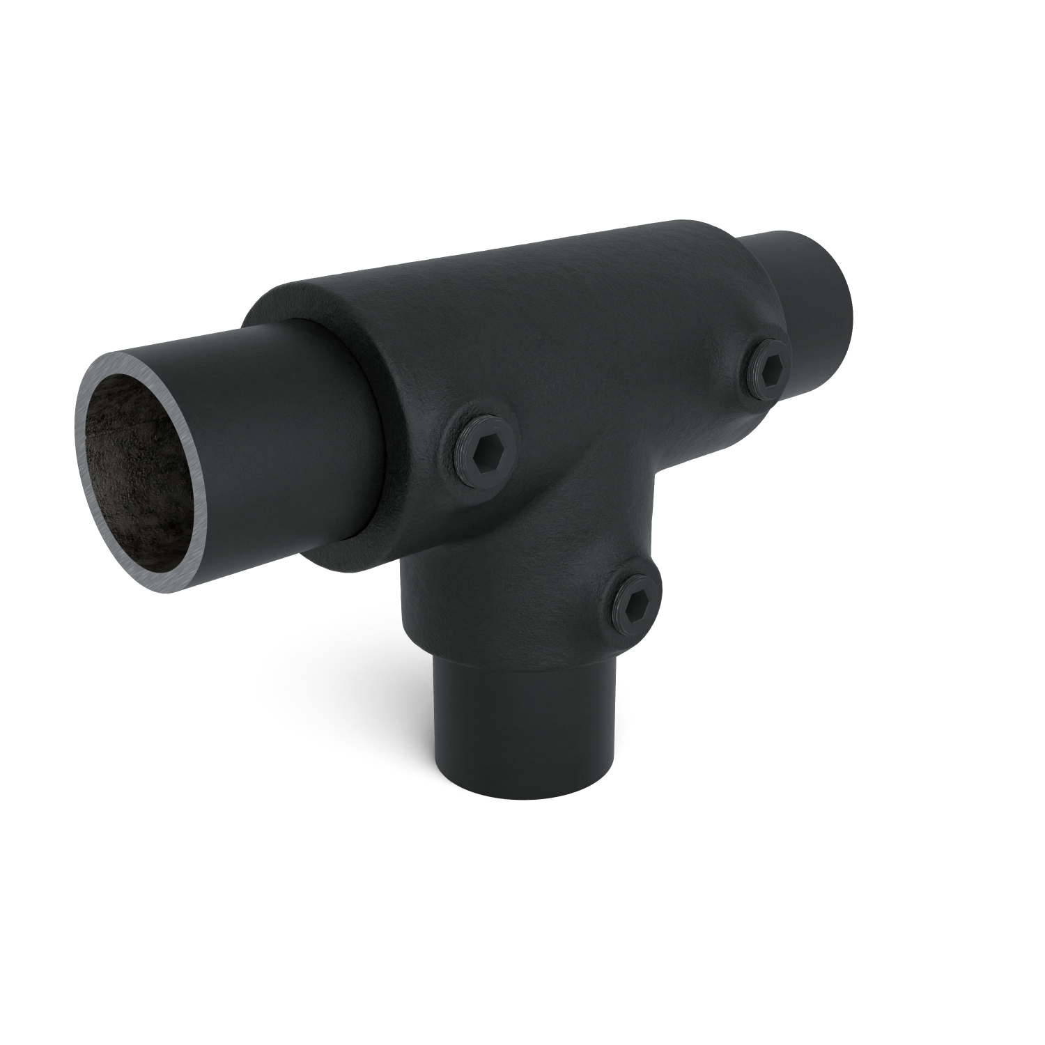 Rohrverbinder T-Stück lang schwarz 42,4 mm - Schrägansicht mit Rohren (Rohr-verbinder.de)