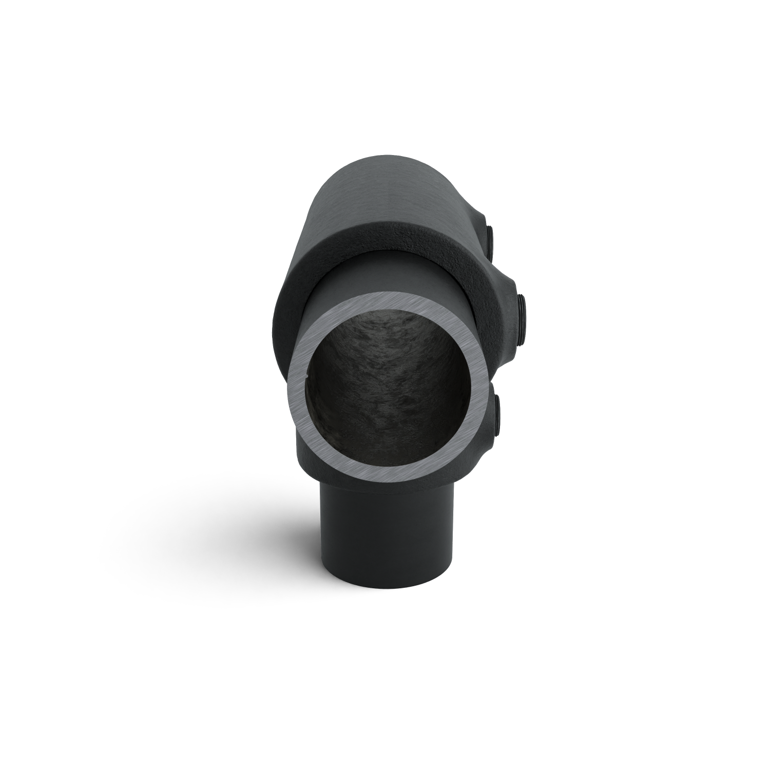 Rohrverbinder T-Stück lang schwarz 33,7 mm - Seitenansicht mit Rohren (Rohr-verbinder.de)