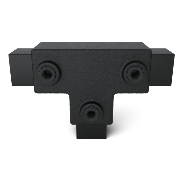Rohrverbinder T-Stück lang schwarz 25 mm quadratisch - Vorderansicht mit Rohren (Rohr-verbinder.de)