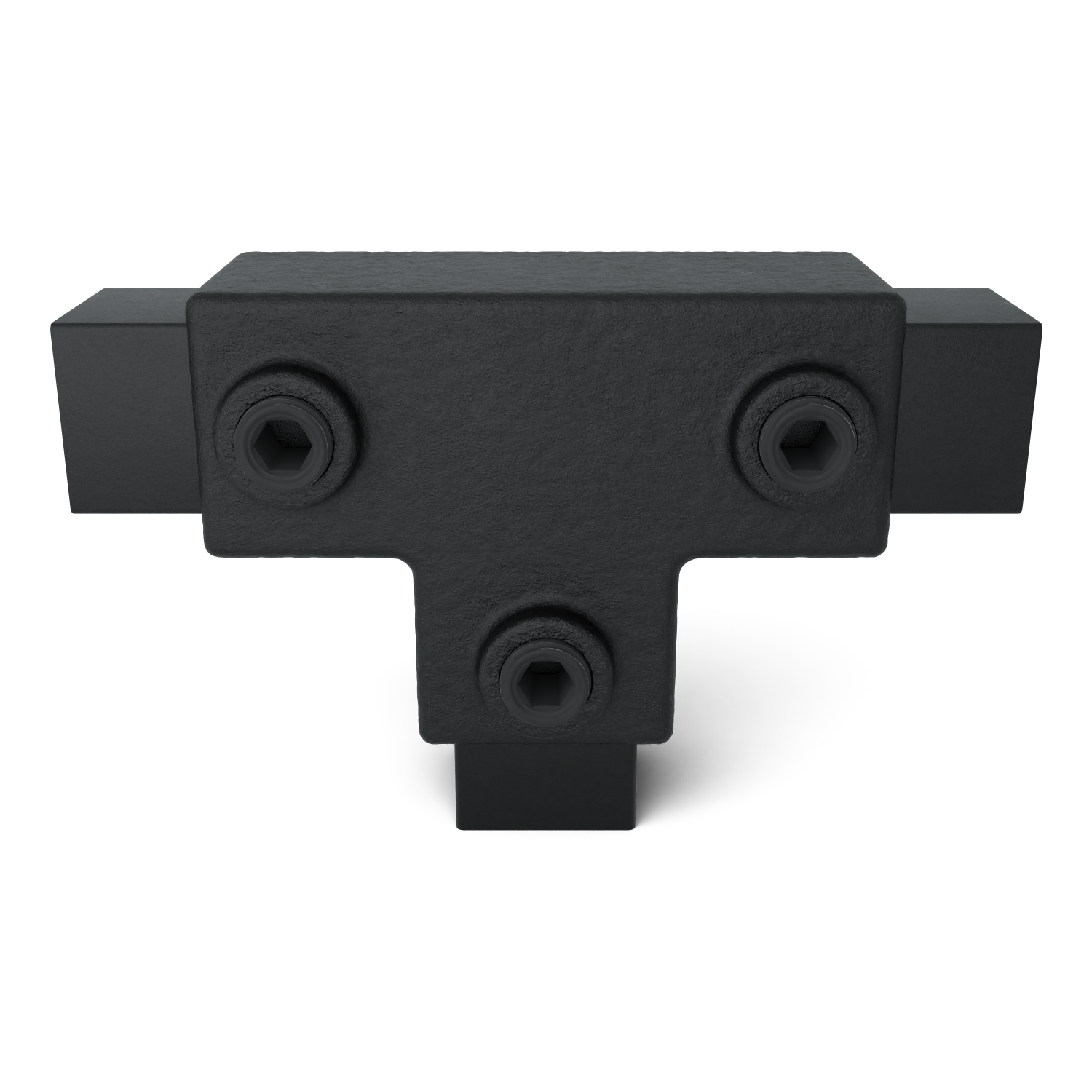 Rohrverbinder T-Stück lang schwarz 25 mm quadratisch - Vorderansicht mit Rohren (Rohr-verbinder.de)