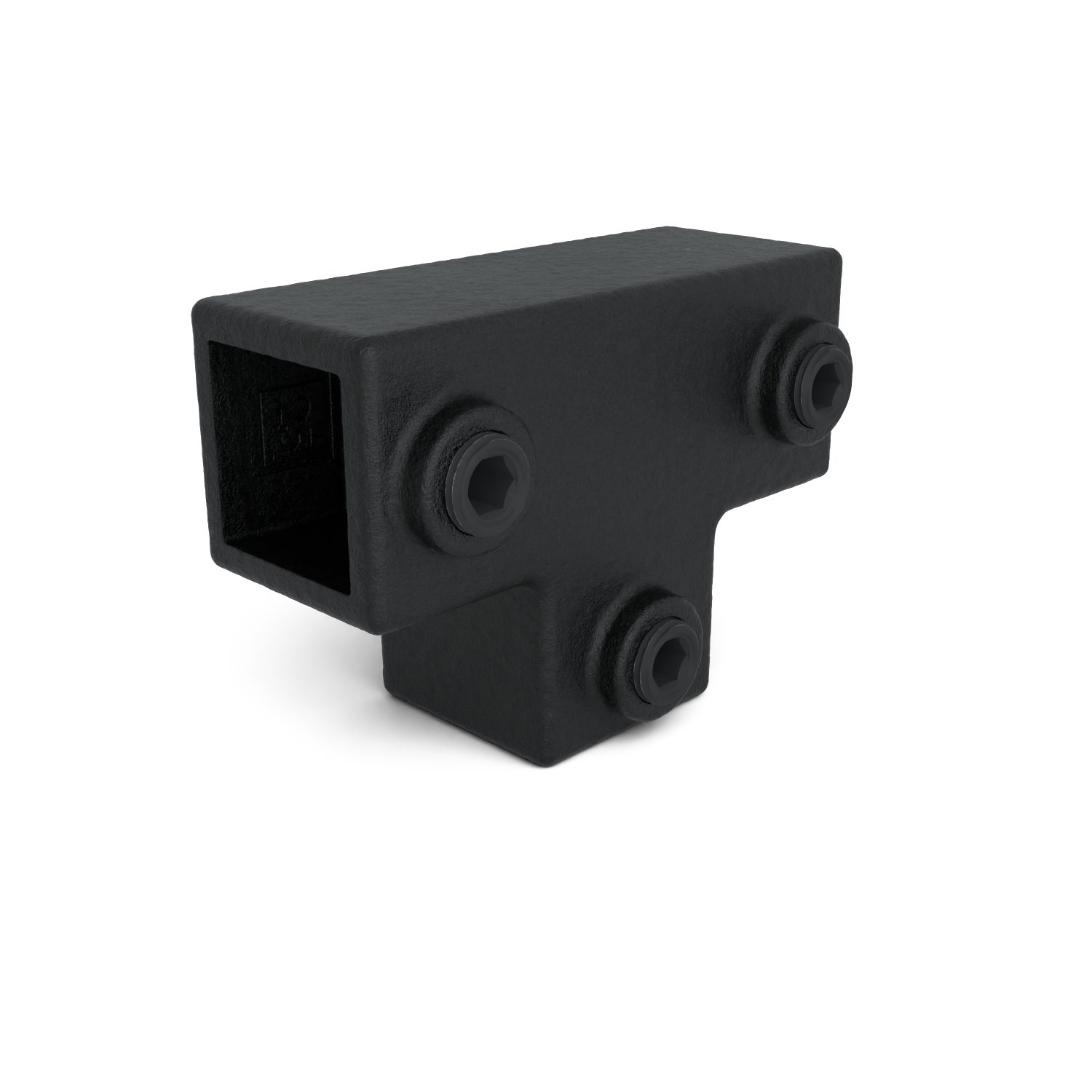 Rohrverbinder T-Stück lang schwarz 25 mm quadratisch - Schrägansicht Rohrverbinder (Rohr-verbinder.de)