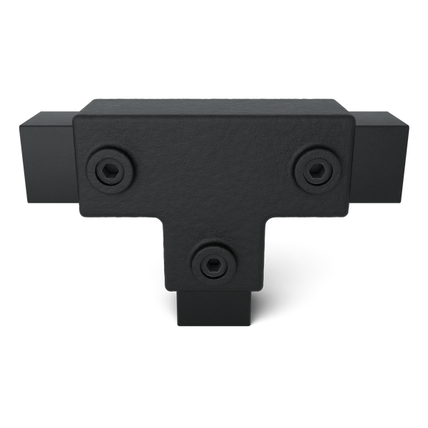 Rohrverbinder T-Stück lang schwarz 40 mm quadratisch - Vorderansicht mit Rohren (Rohr-verbinder.de)