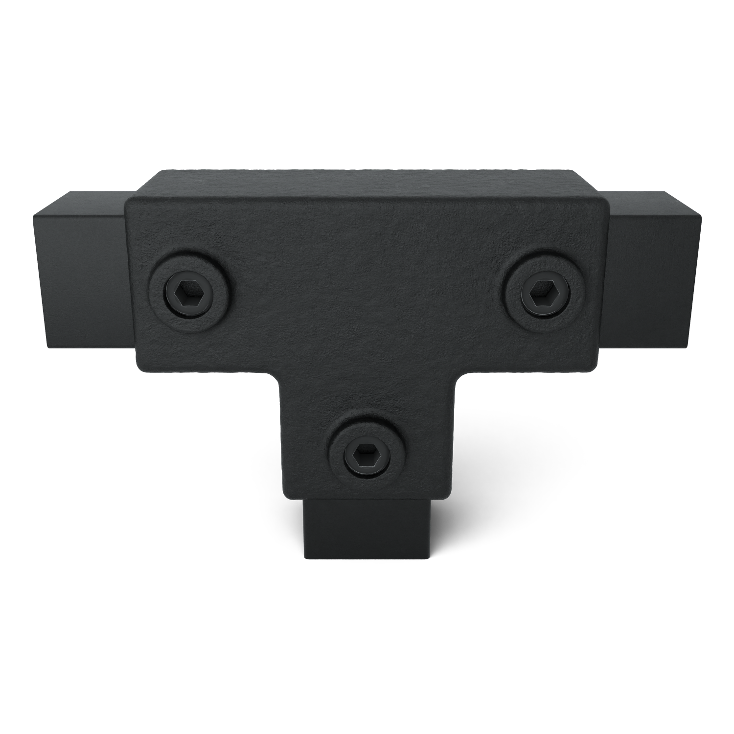 Rohrverbinder T-Stück lang schwarz 40 mm quadratisch - Vorderansicht mit Rohren (Rohr-verbinder.de)