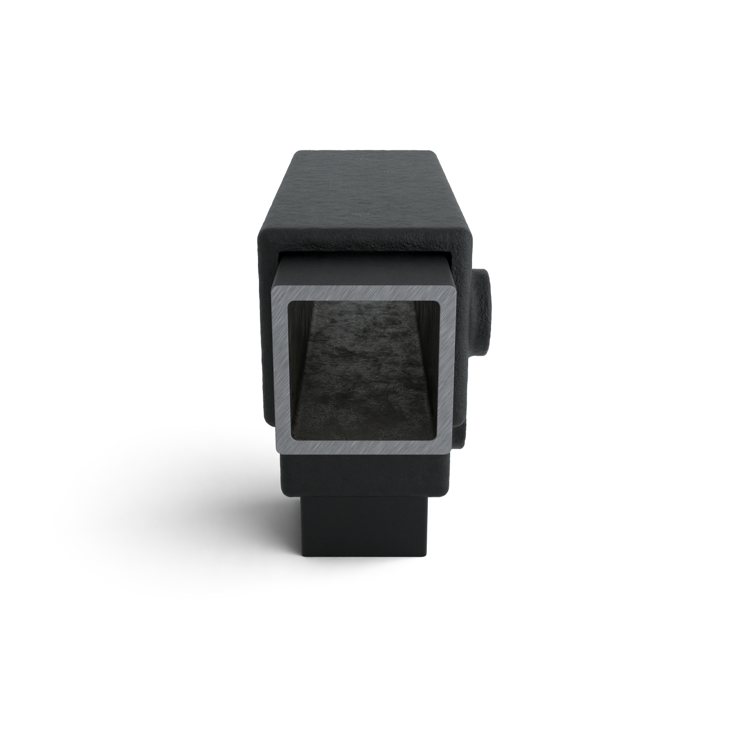 Rohrverbinder T-Stück lang schwarz 40 mm quadratisch - Seitenansicht mit Rohren (Rohr-verbinder.de)