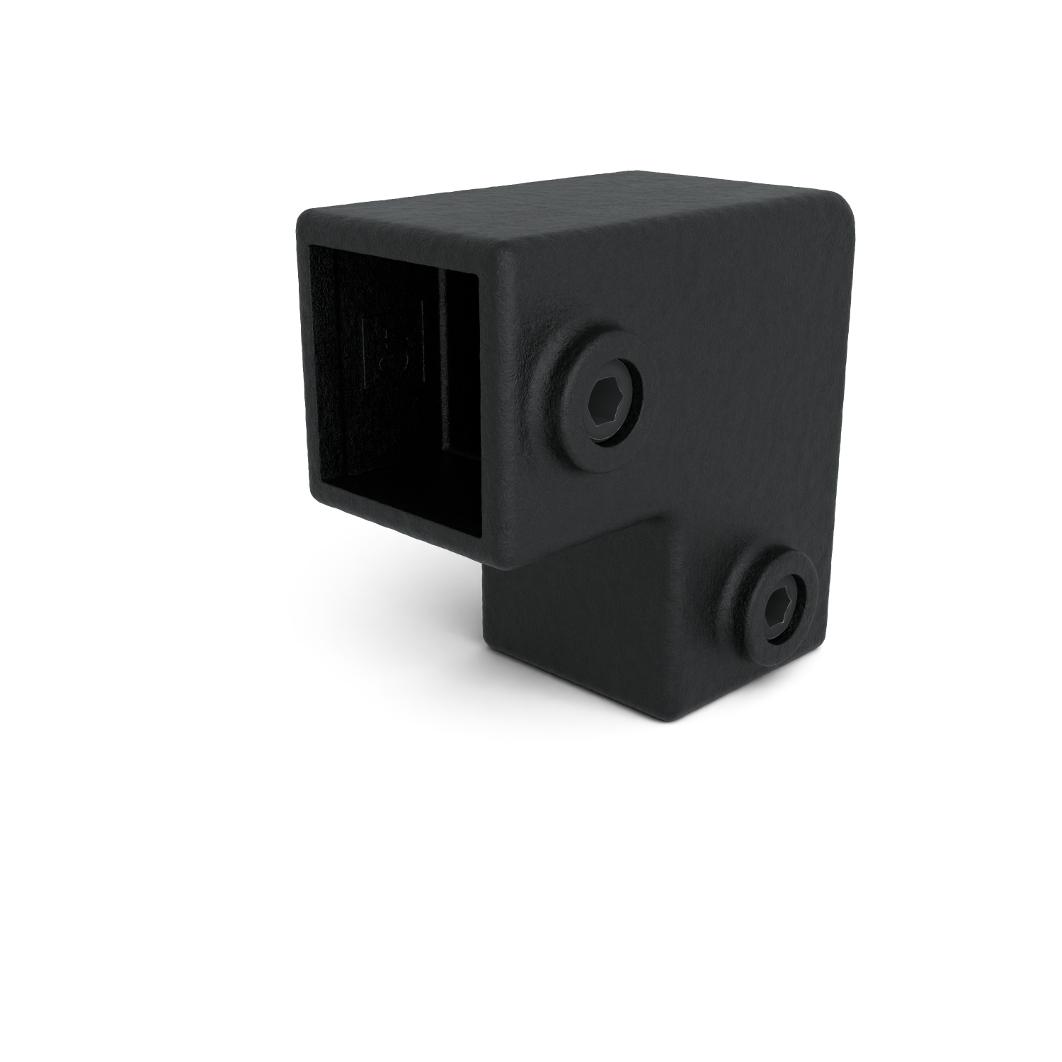 Rohrverbinder Bogen 90º schwarz 40 mm quadratisch - Schrägansicht Rohrverbinder (Rohr-verbinder.de)