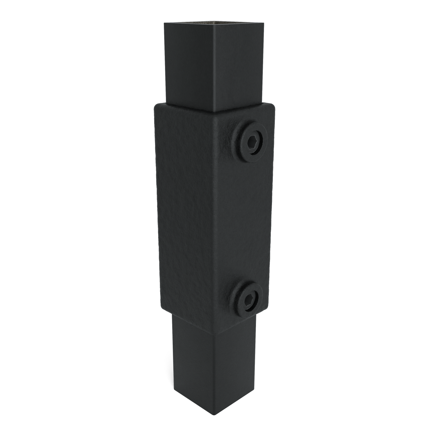 Rohrverbinder Verlängerungsstück schwarz 40 mm quadratisch - Schrägansicht mit Rohren (Rohr-verbinder.de)