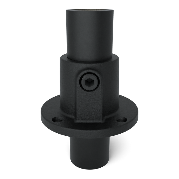 Rohrverbinder Fußplatte rund durchgehend schwarz 42,4 mm - Vorderansicht mit Rohren (Rohr-verbinder.de)