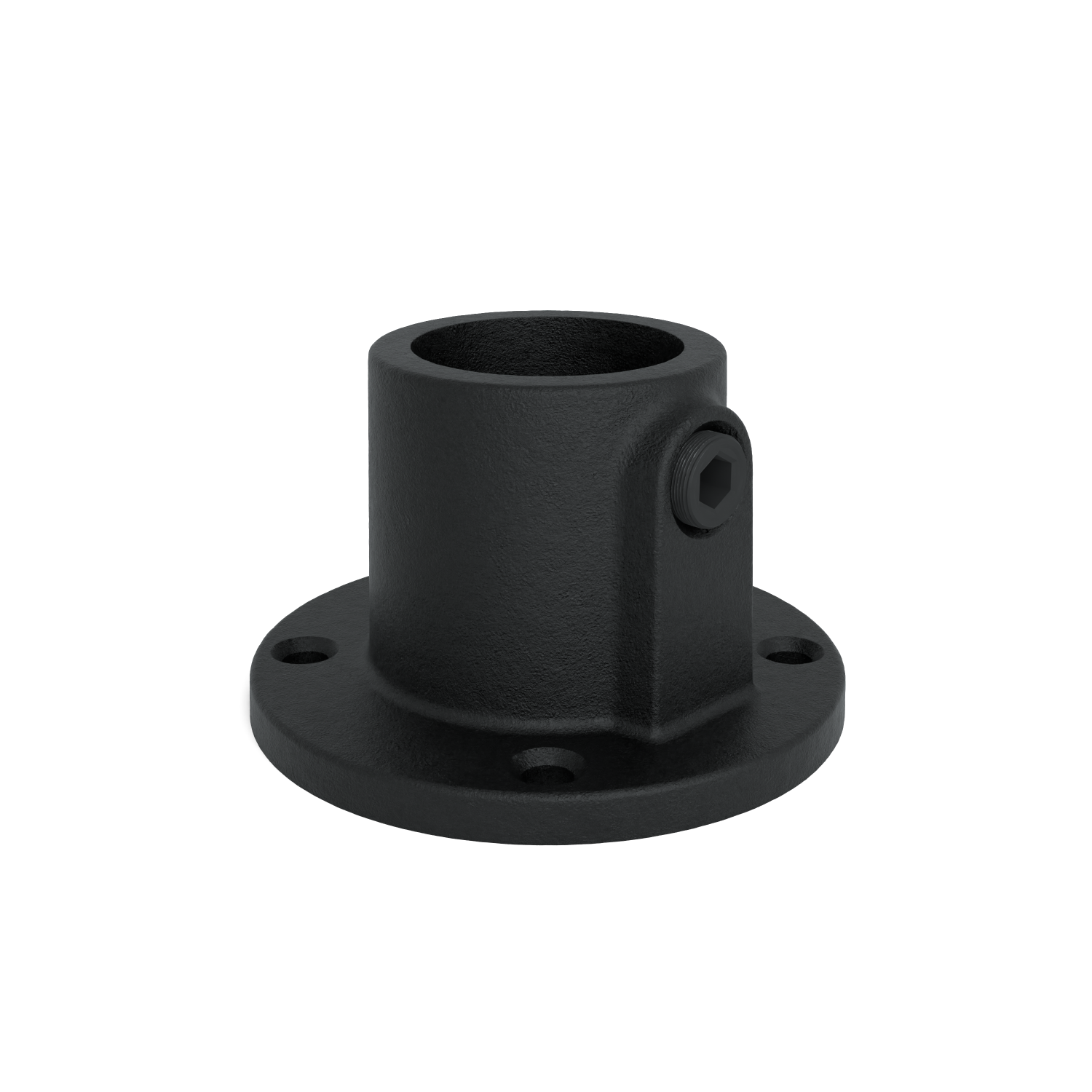 Rohrverbinder Fußplatte rund durchgehend schwarz 33,7 mm - Schrägansicht Rohrverbinder (Rohr-verbinder.de)