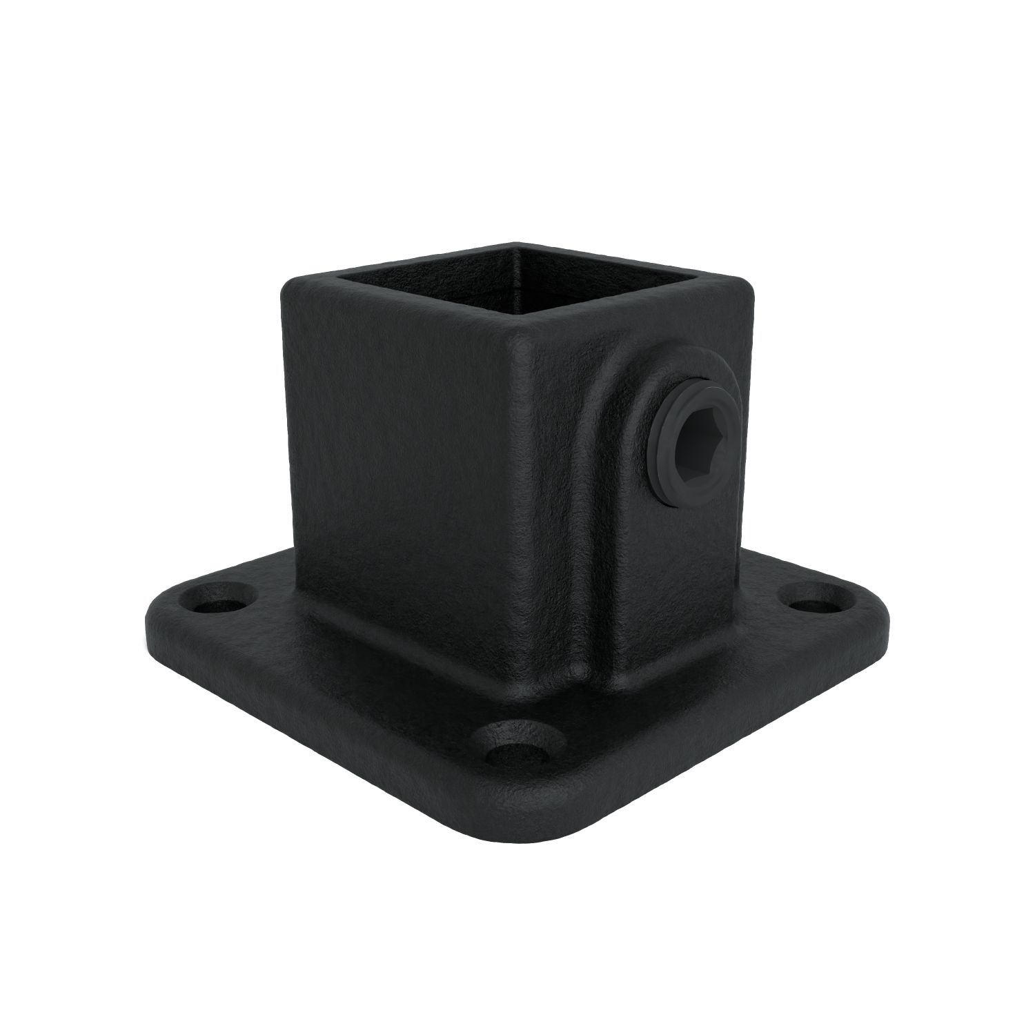 Rohrverbinder Fußplatte quadratisch schwarz 25 mm quadratisch - Schrägansicht Rohrverbinder (Rohr-verbinder.de)