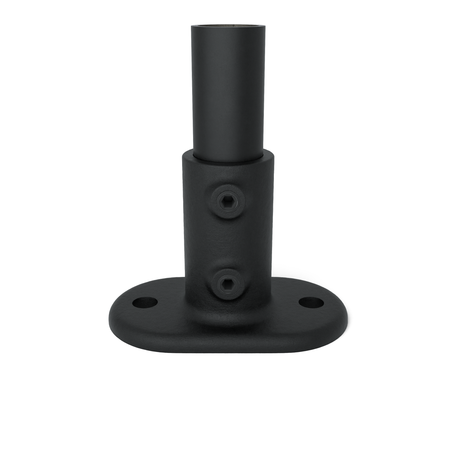 Rohrverbinder Fußplatte oval - Schwarz für außen -  42,4 mm - Vorderansicht mit Rohren (Rohr-verbinder.de)