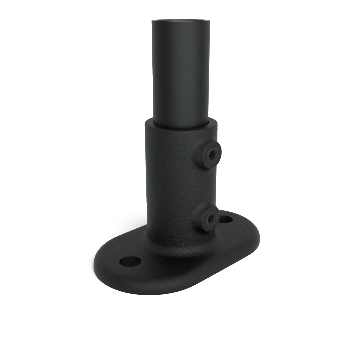 Rohrverbinder Fußplatte oval - Schwarz für außen -  42,4 mm - Schrägansicht mit Rohren (Rohr-verbinder.de)