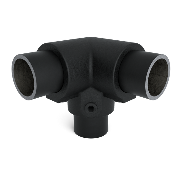 Rohrverbinder Dreiweg-Eckstück 90º schwarz 33,7 mm - Vorderansicht mit Rohren (Rohr-verbinder.de)