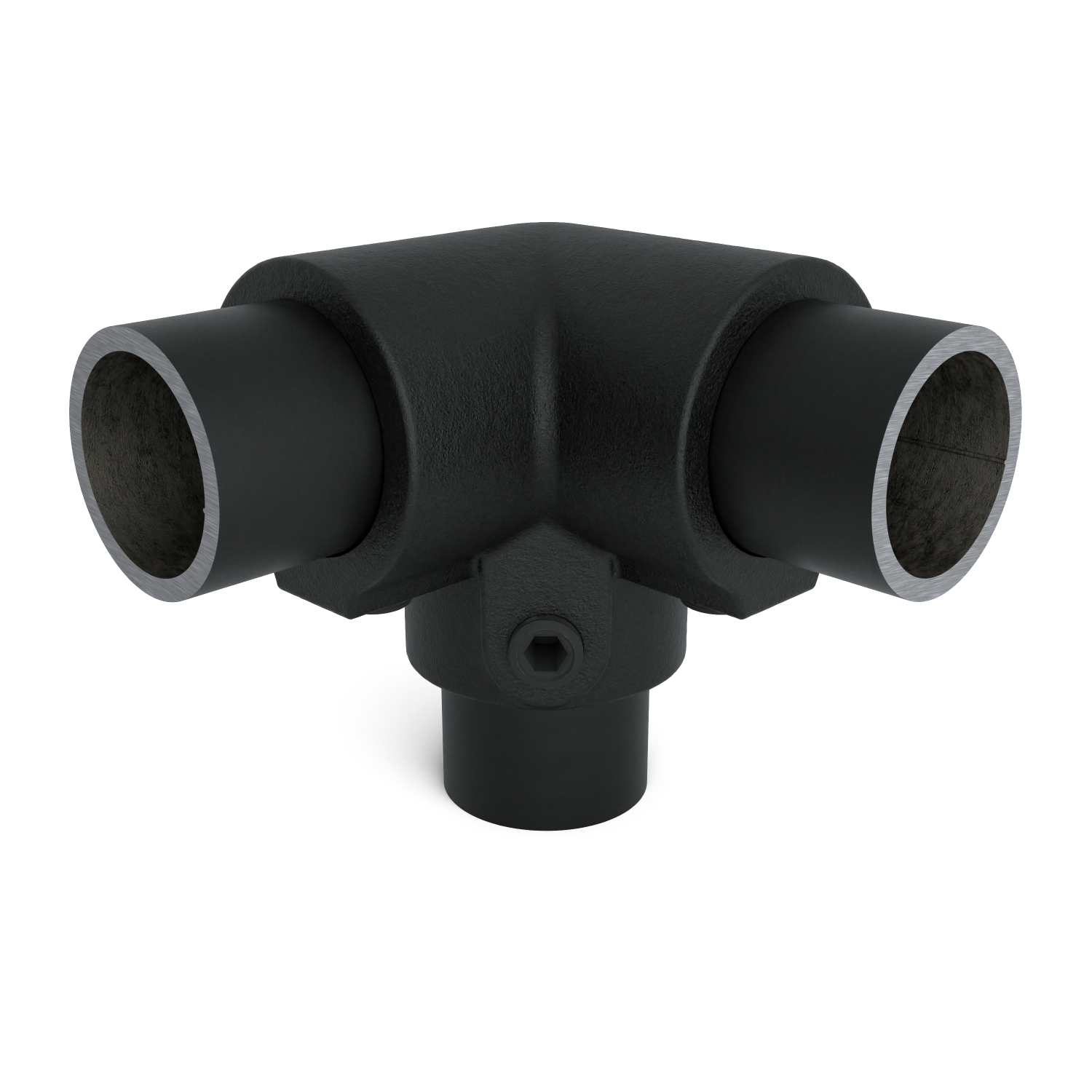 Rohrverbinder Dreiweg-Eckstück 90º schwarz 33,7 mm - Vorderansicht mit Rohren (Rohr-verbinder.de)