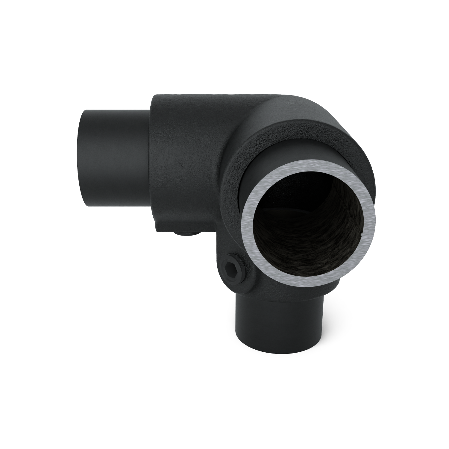 Rohrverbinder Dreiweg-Eckstück 90º schwarz 42,4 mm - Schrägansicht mit Rohren (Rohr-verbinder.de)