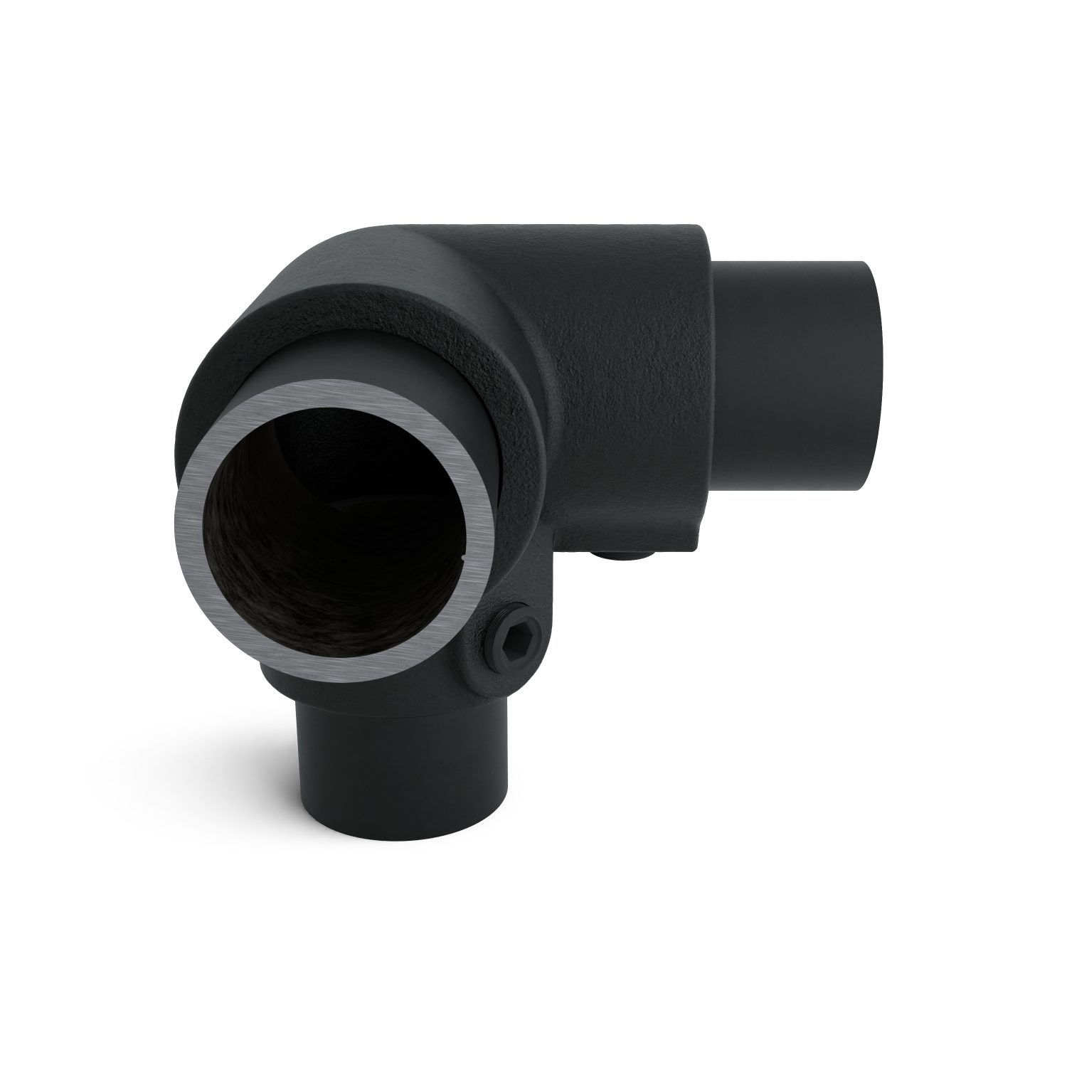 Rohrverbinder Dreiweg-Eckstück 90º - Schwarz für außen -  33,7 mm - Seitenansicht mit Rohren (Rohr-verbinder.de)