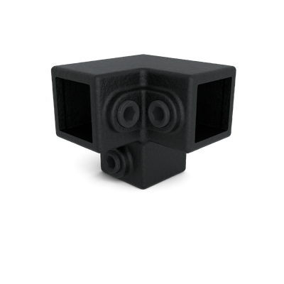 Rohrverbinder Dreiweg-Eckstück 90º schwarz 25 mm quadratisch - Vorderansicht Rohrverbinder (Rohr-verbinder.de)