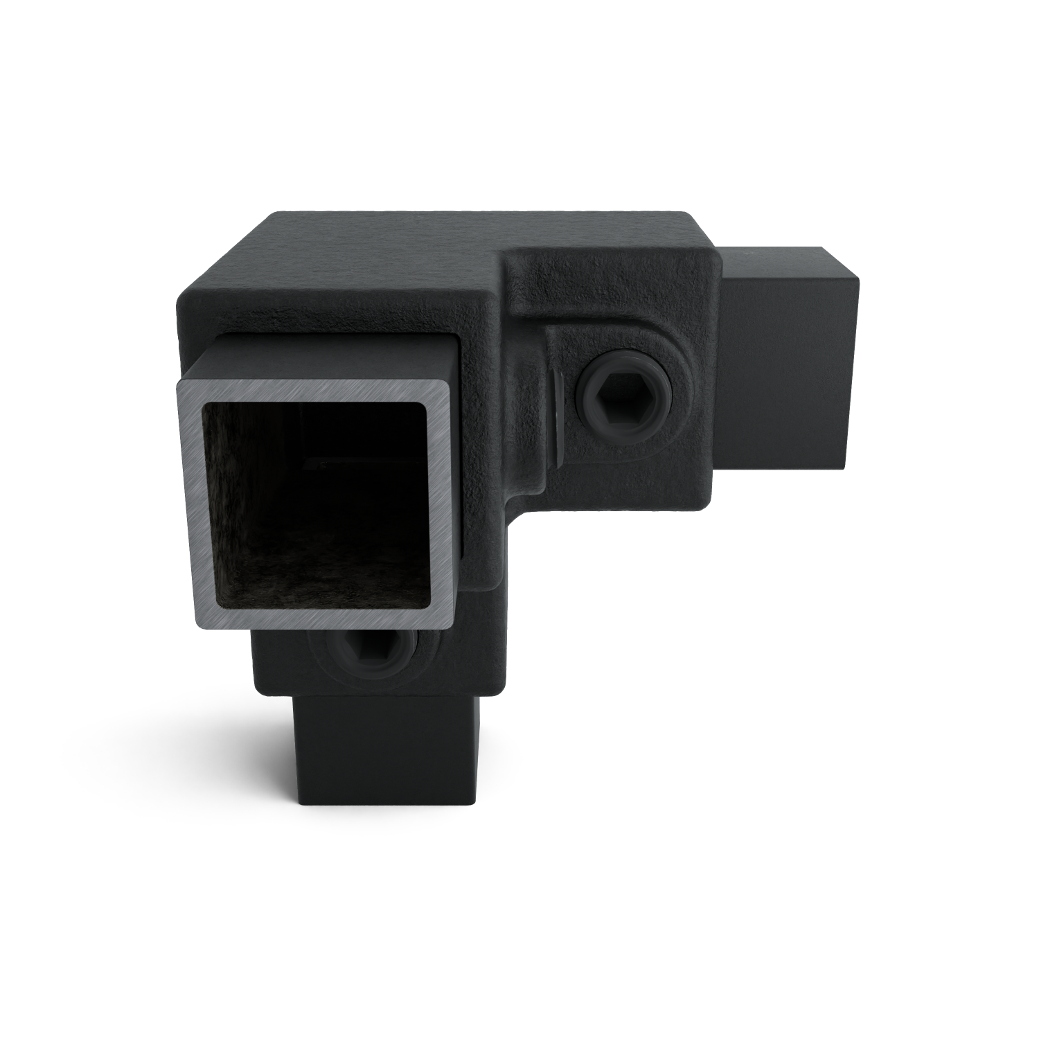 Rohrverbinder Dreiweg-Eckstück 90º schwarz 25 mm quadratisch - Seitenansicht mit Rohren (Rohr-verbinder.de)