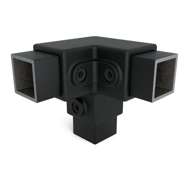 Rohrverbinder Dreiweg-Eckstück 90º schwarz 40 mm quadratisch - Vorderansicht mit Rohren (Rohr-verbinder.de)