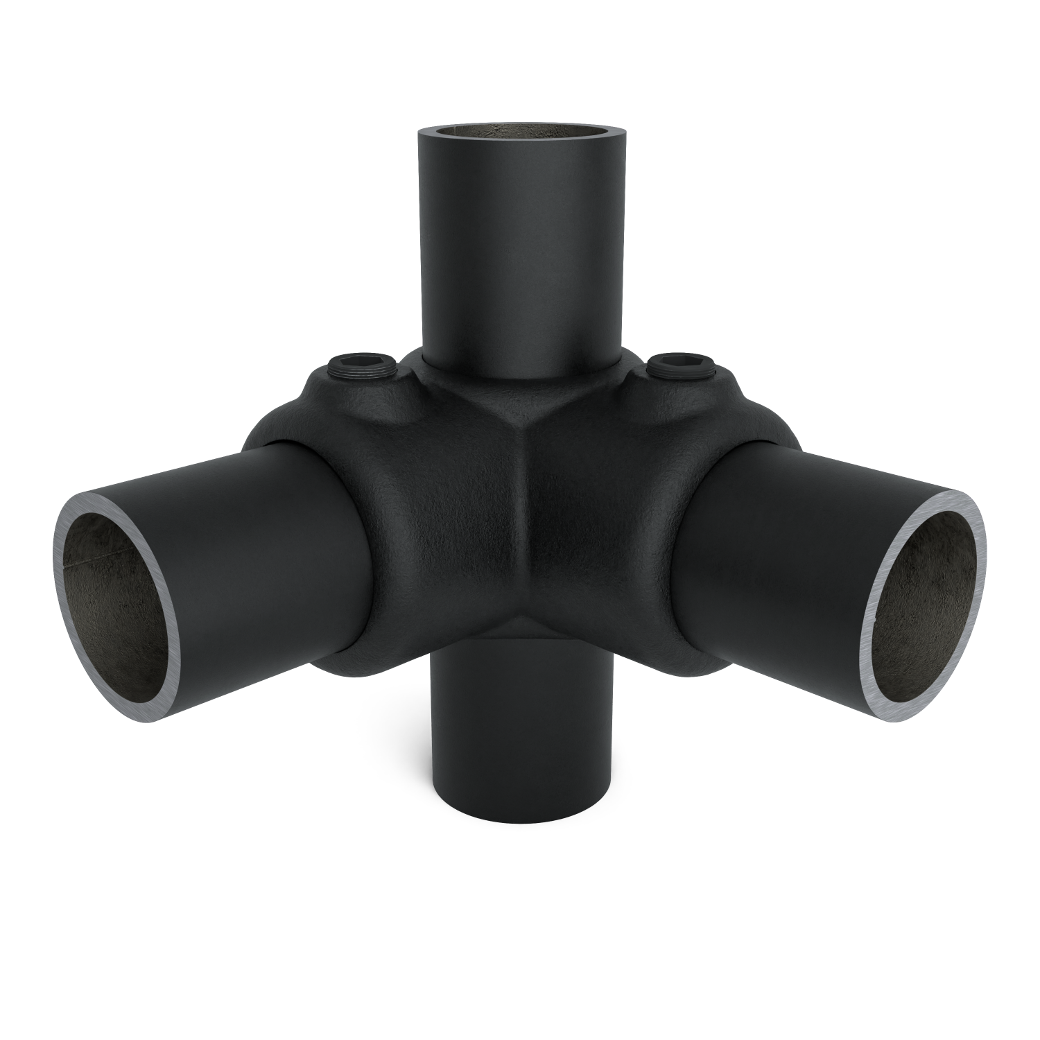Rohrverbinder Eckstück 90º - Schwarz für außen -  33,7 mm - Vorderansicht mit Rohren (Rohr-verbinder.de)