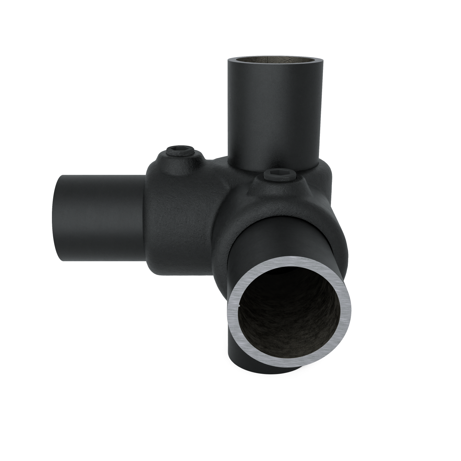 Rohrverbinder Eckstück 90º - Schwarz für außen -  42,4 mm - Schrägansicht mit Rohren (Rohr-verbinder.de)