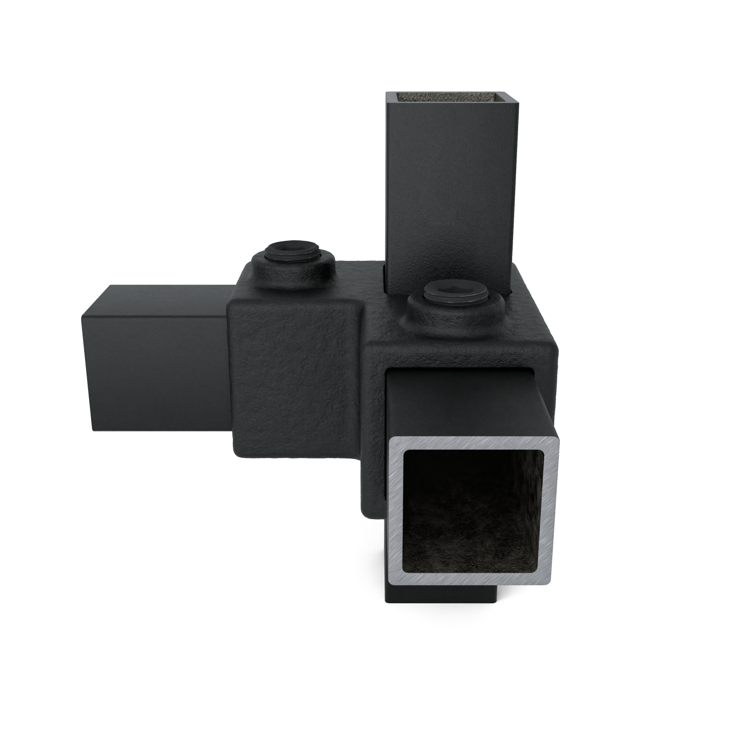 Rohrverbinder Eckstück 90º schwarz 25 mm quadratisch - Schrägansicht mit Rohren (Rohr-verbinder.de)