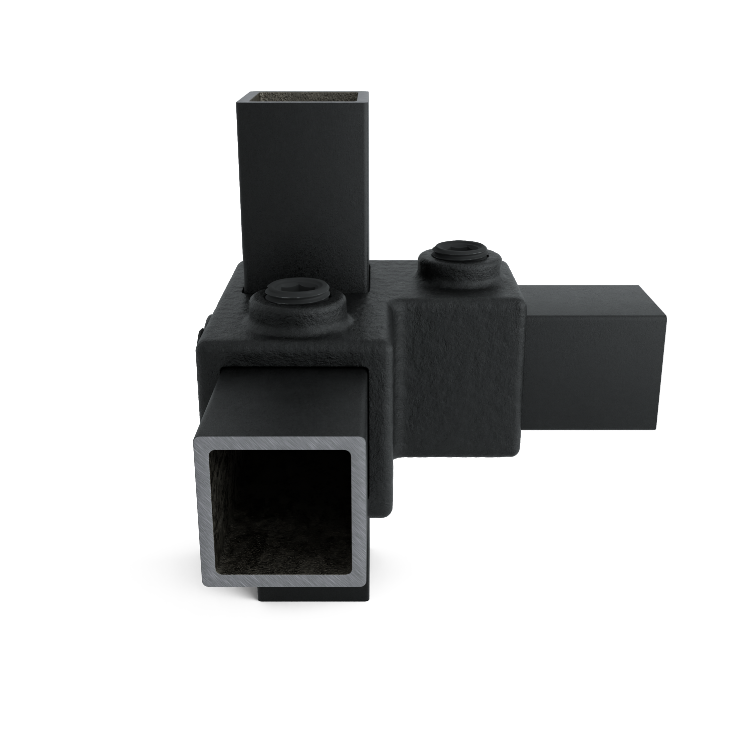 Rohrverbinder Eckstück 90º schwarz 25 mm quadratisch - Seitenansicht mit Rohren (Rohr-verbinder.de)