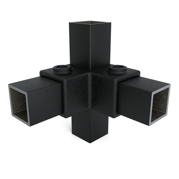 Rohrverbinder Eckstück 90º schwarz 40 mm quadratisch - Vorderansicht mit Rohren (Rohr-verbinder.de)