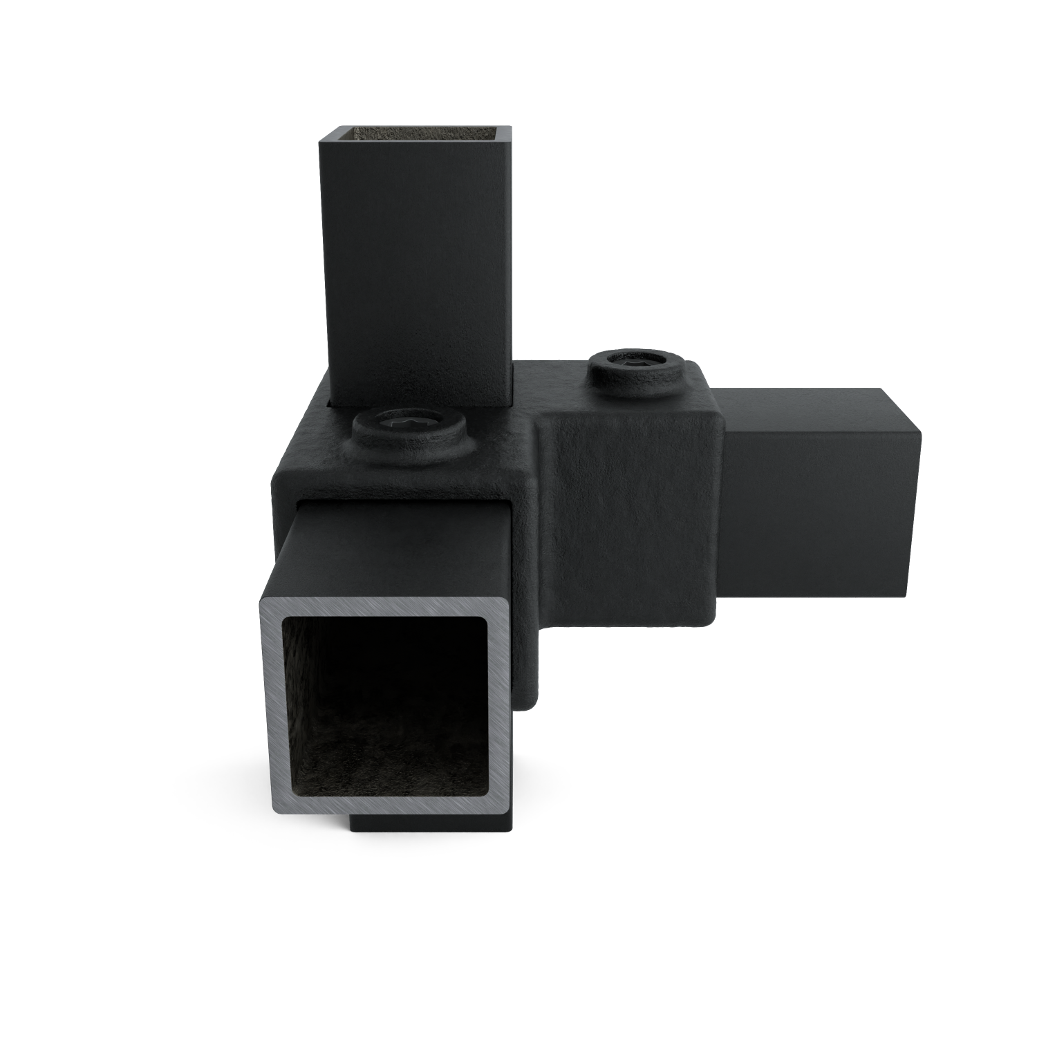 Rohrverbinder Eckstück 90º schwarz 40 mm quadratisch - Schrägansicht mit Rohren (Rohr-verbinder.de)
