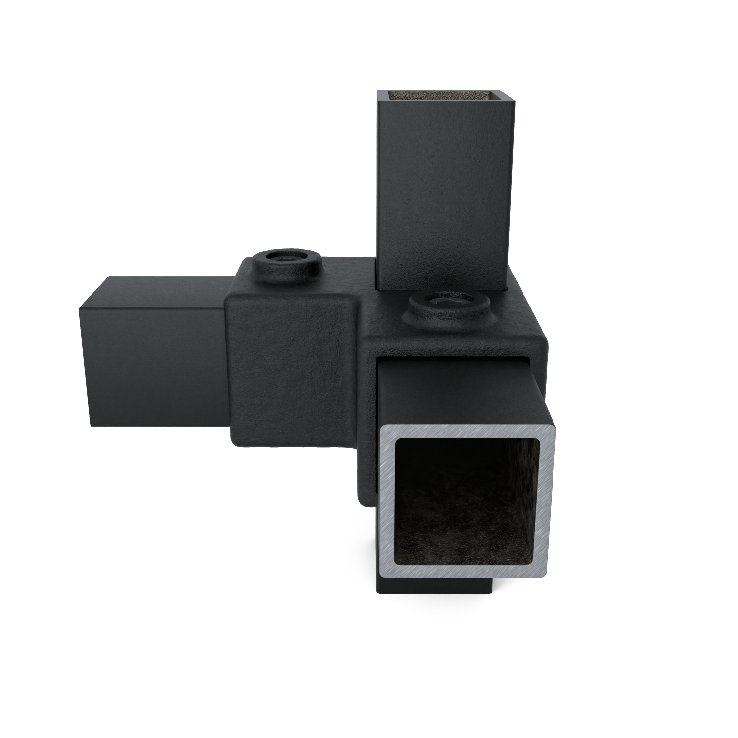 Rohrverbinder Eckstück 90º schwarz 40 mm quadratisch - Seitenansicht mit Rohren (Rohr-verbinder.de)
