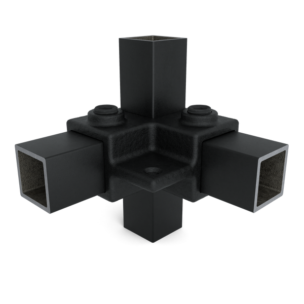 Rohrverbinder Eckstück 90º mit Befestigungsplatte schwarz 25 mm quadratisch - Vorderansicht mit Rohren (Rohr-verbinder.de)