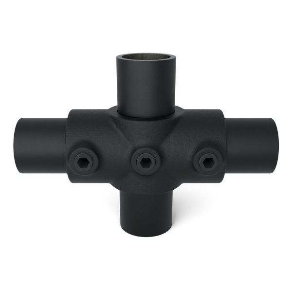 Rohrverbinder Kreuzstück in 1 Ebene schwarz 42,4 mm - Vorderansicht mit Rohren (Rohr-verbinder.de)