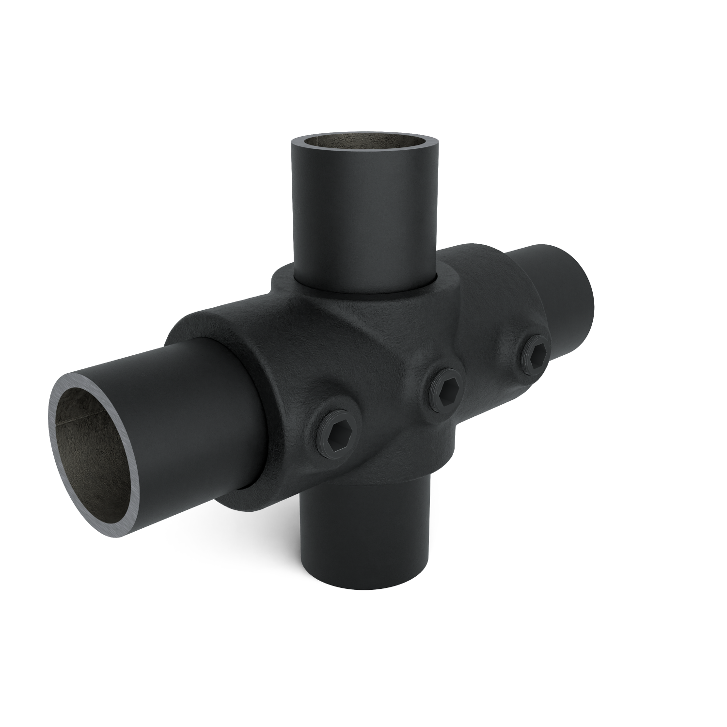 Rohrverbinder Kreuzstück in 1 Ebene schwarz 26,9 mm - Schrägansicht mit Rohren (Rohr-verbinder.de)