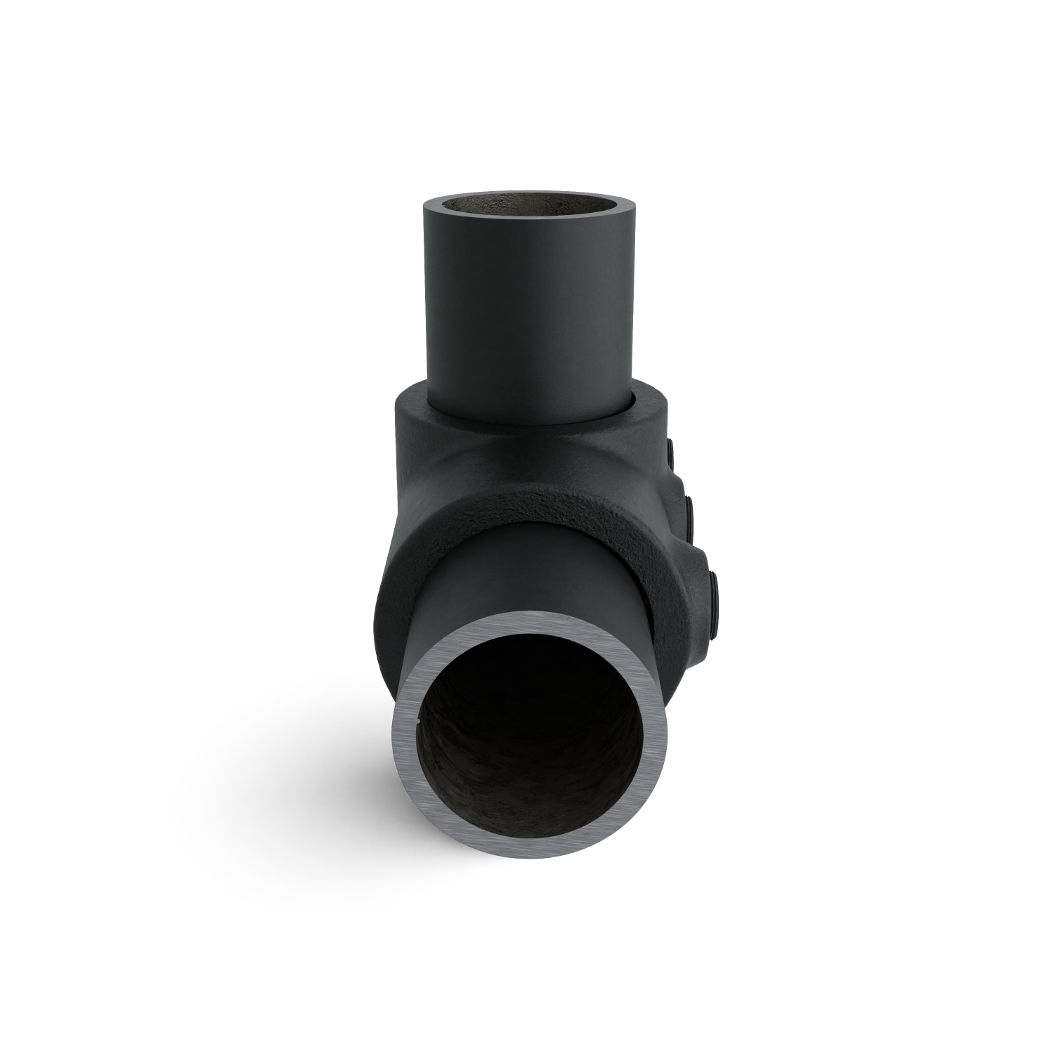 Rohrverbinder Kreuzstück in 1 Ebene schwarz 21,3 mm - Seitenansicht mit Rohren (Rohr-verbinder.de)