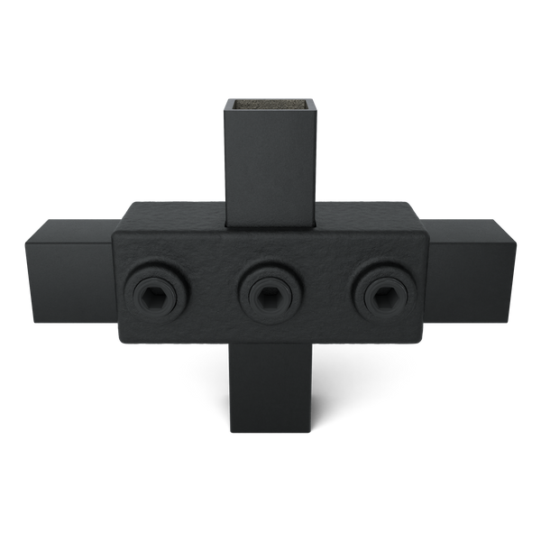 Rohrverbinder Kreuzstück in 1 Ebene schwarz 25 mm quadratisch - Vorderansicht mit Rohren (Rohr-verbinder.de)