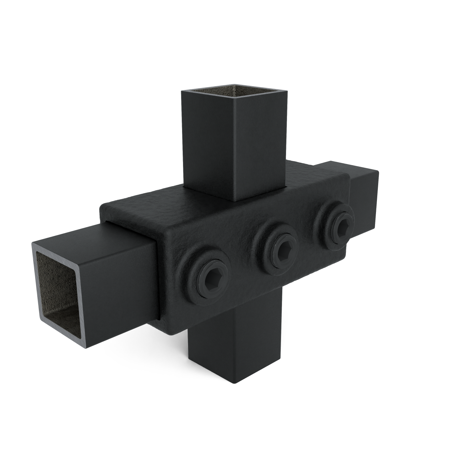 Rohrverbinder Kreuzstück in 1 Ebene schwarz 25 mm quadratisch - Schrägansicht mit Rohren (Rohr-verbinder.de)