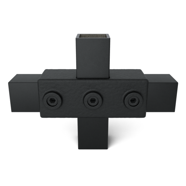 Rohrverbinder Kreuzstück in 1 Ebene schwarz 40 mm quadratisch - Vorderansicht mit Rohren (Rohr-verbinder.de)
